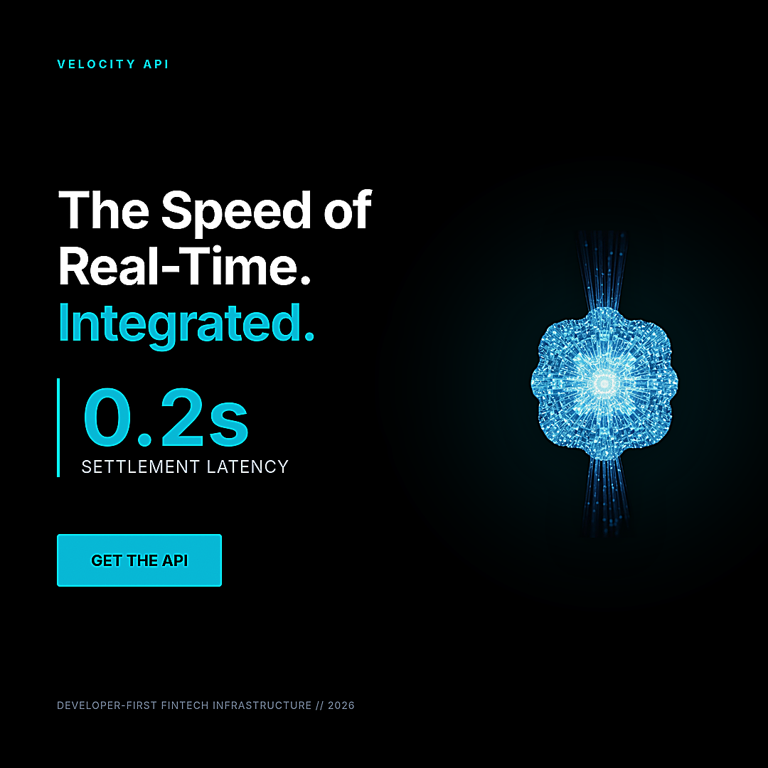 1080 by 1080 pixel square ad creative for a fintech API featuring a dark mode background, cyan text reading 0.2s settlement latency, and an abstract glowing 3D data node