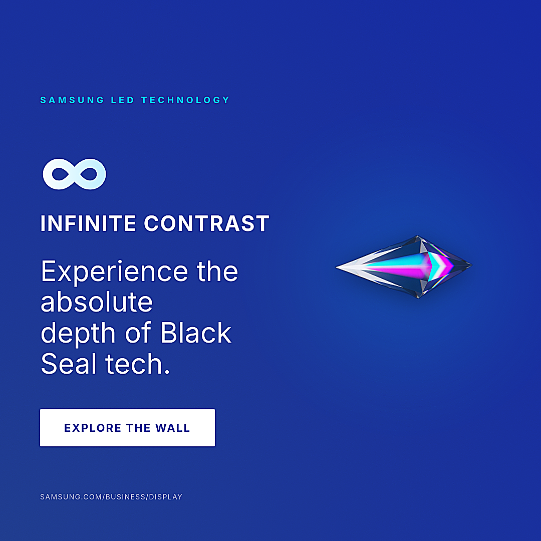 1080 by 1080 pixel square ad creative featuring a deep indigo background, bold white text reading Infinite Contrast, and a transparent 3D geometric prism reflecting cyan and magenta light