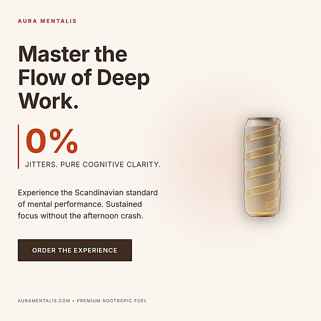 Square 1080 by 1080 pixel ad creative for Aura Mentalis mental energy drink. Features a deep brown headline 'Master the Flow of Deep Work' and a large rust red '0%' next to a golden spiraled can on a cream background.