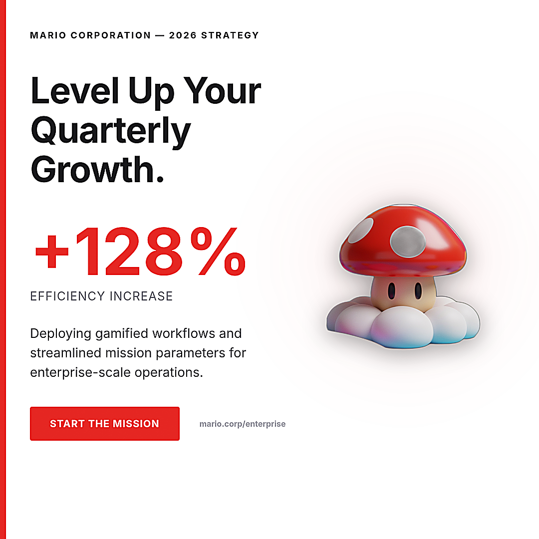 Split-screen B2B ad creative. Left side features black text on white reading 'Level Up Your Quarterly Growth' with a red '+128% Efficiency Increase' statistic and a 'Start the Mission' CTA button. Right side features a 3D rendered red and white Super Mario style mushroom sitting on a stylized cloud. 1080 by 1080 pixels.