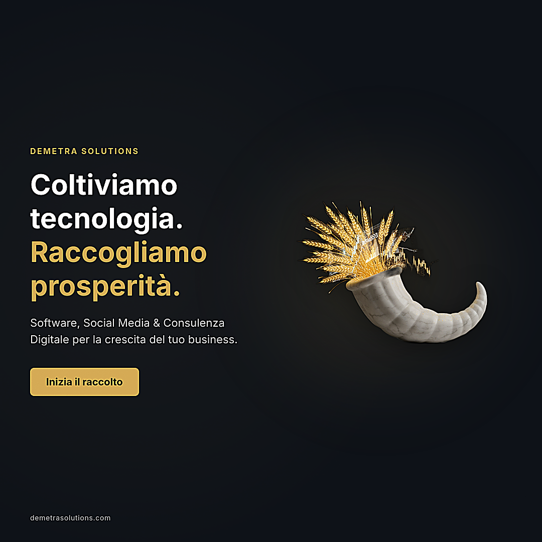 1080 by 1080 pixel digital ad with a dark navy background. Left side features gold and white text for Demetra Solutions. Right side shows a 3D marble cornucopia overflowing with golden wheat and digital candlestick charts.