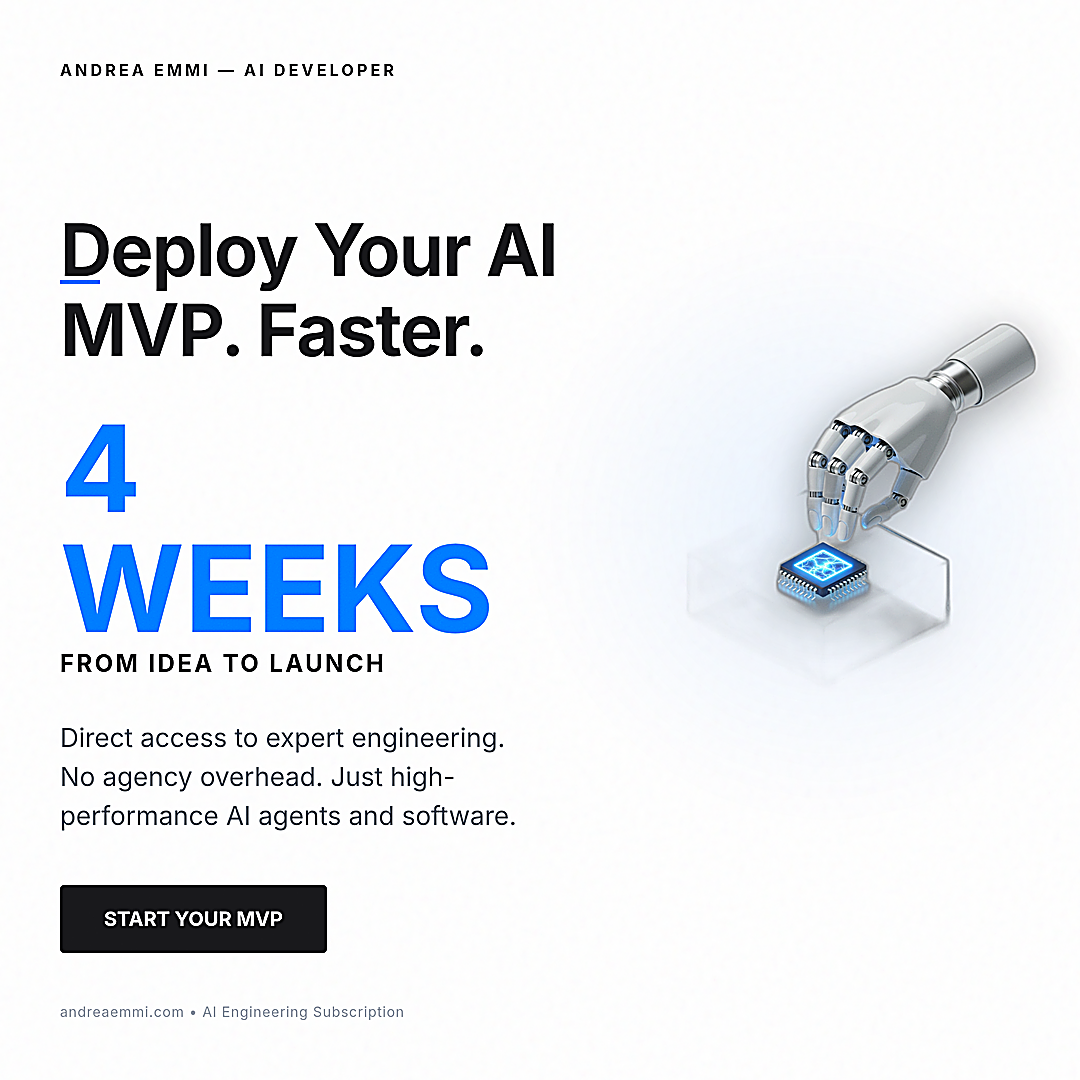 Square advertising image for AI development services featuring bold blue text reading 4 WEEKS and a 3D render of a robotic hand placing a microchip on a transparent pedestal.