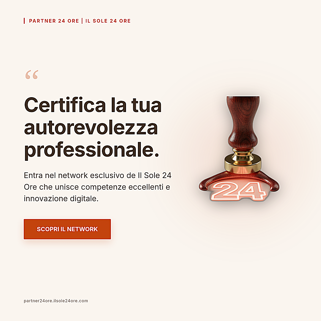 Square 1080 by 1080 pixel B2B ad creative featuring deep brown Italian text on a cream background with a 3D rendered wooden notary stamp stamping a glowing 24.