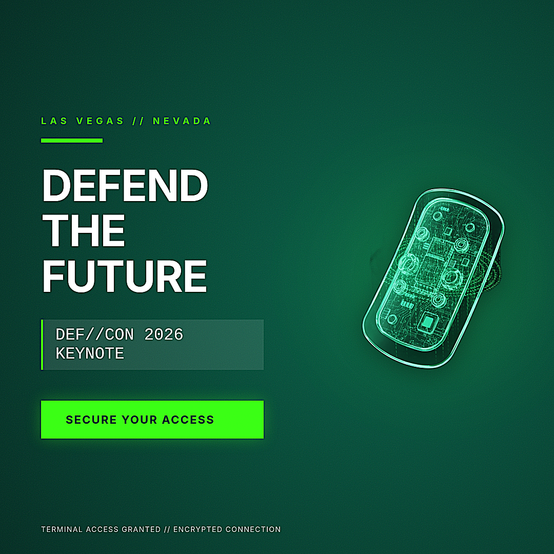 1080 by 1080 pixel square cybersecurity conference ad featuring a dark green textured background, white 'DEFEND THE FUTURE' text, a neon green CTA button, and a holographic circuit-board shield graphic