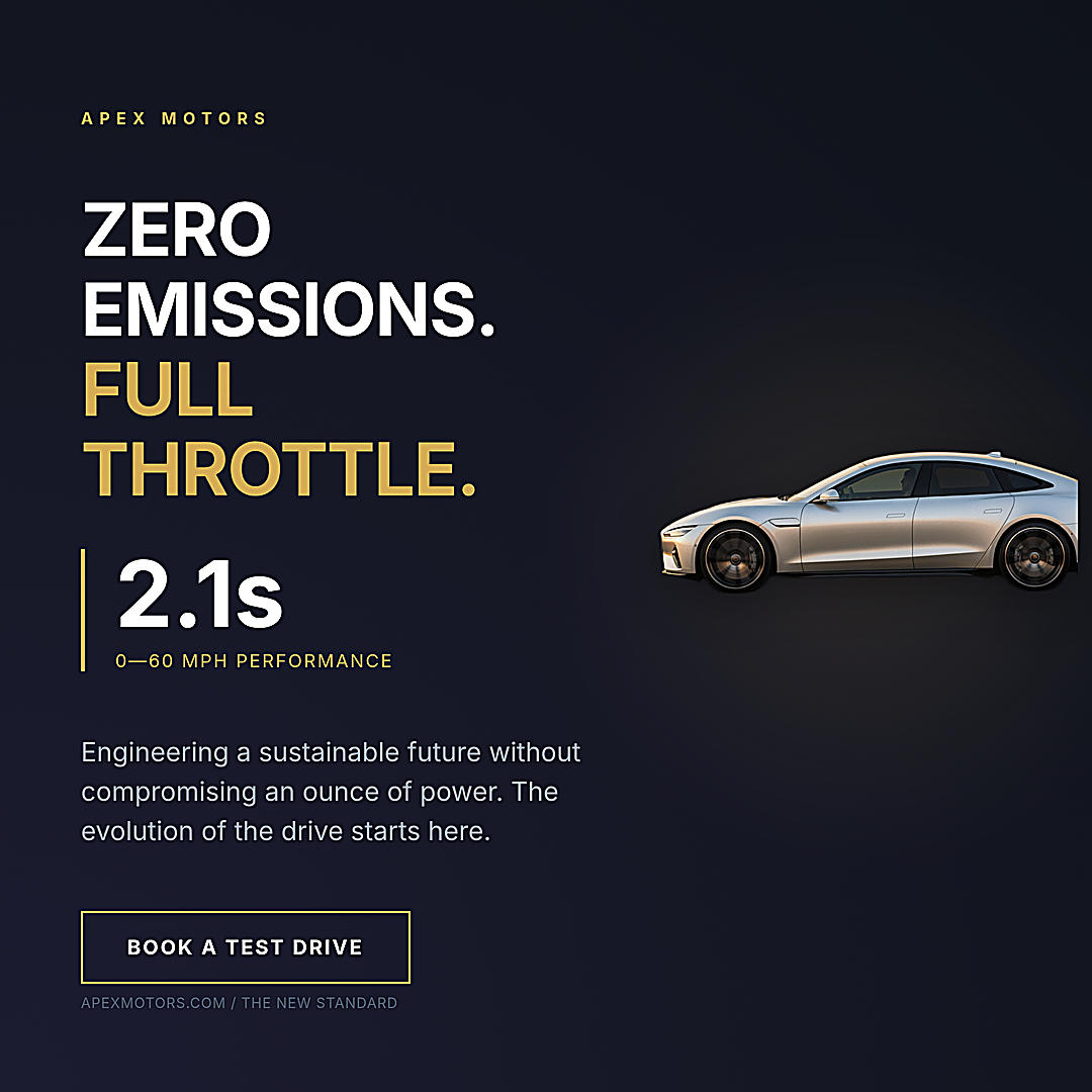 Square 1080 by 1080 pixel AI-generated car ad featuring a sleek silver electric sedan on a dark navy background with gold and white text reading Zero Emissions Full Throttle 2.1s