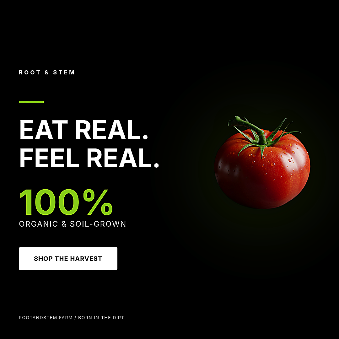 Minimalist dark mode organic food Instagram ad featuring a hyper-realistic red tomato, white Eat Real Feel Real text, and a neon green 100 percent hook on a pure black background, 1080 by 1080 pixels.