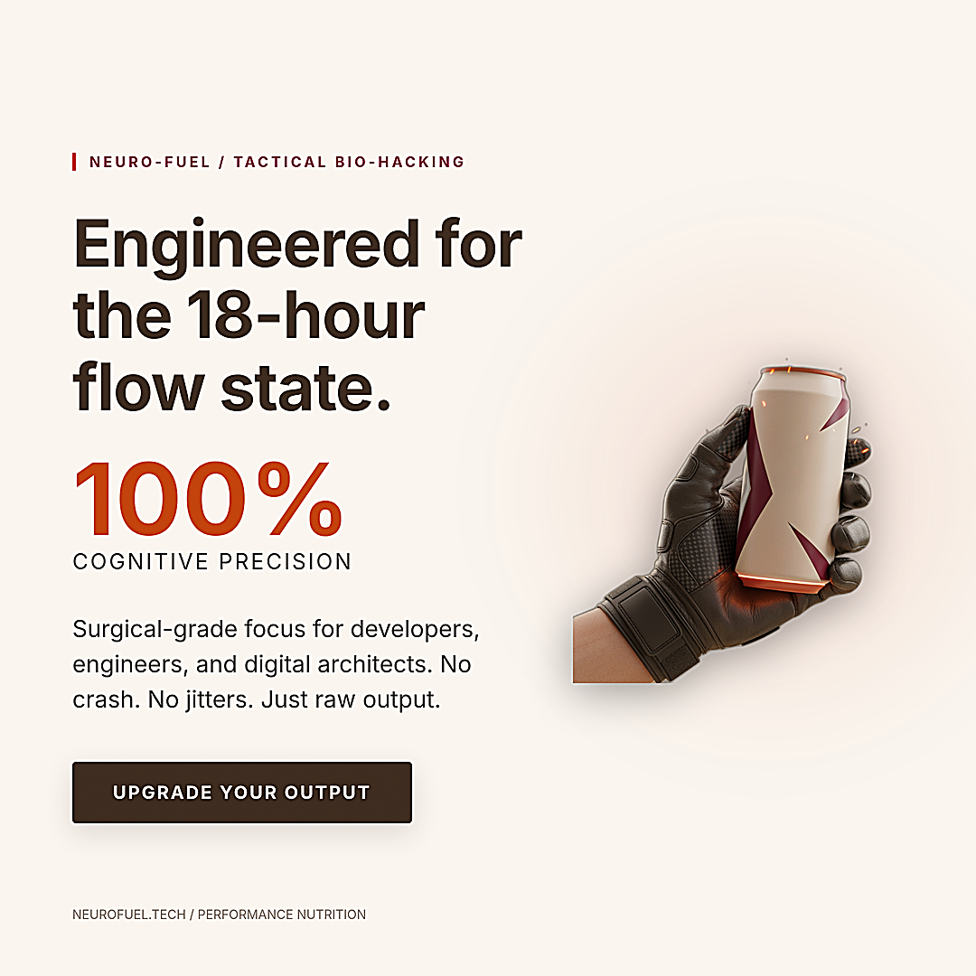 Minimalist biohacking supplement ad featuring a tactical carbon-fiber glove holding a clean geometric can against a cream background, with dark text reading Engineered for the 18-hour flow state and a burnt orange 100 percent stat, 1080 by 1080 pixels.