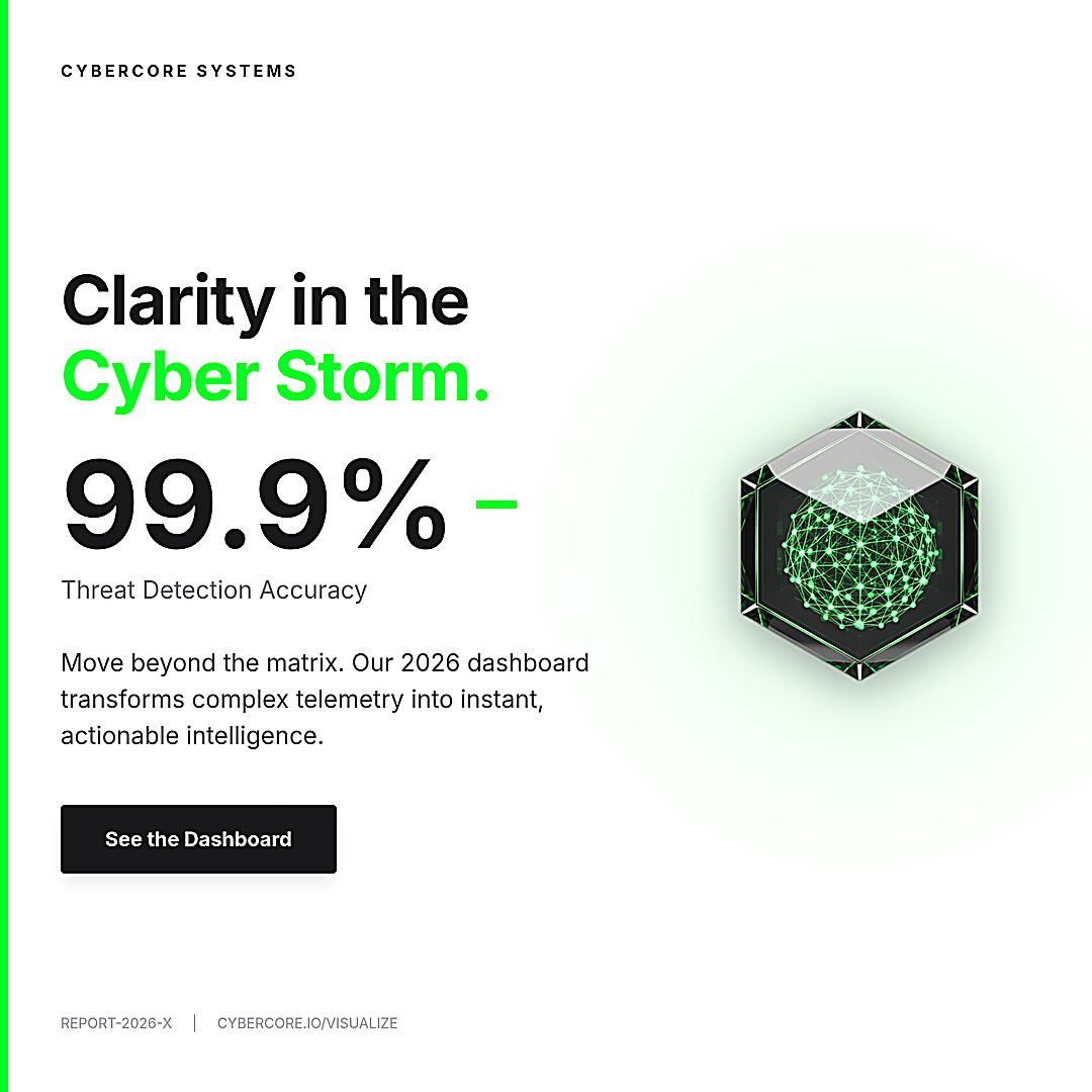 Square 1080 by 1080 pixel high-key cybersecurity ad featuring a 99.9 percent threat detection stat, black text, and a 3D glass hexagon with a glowing neon green neural network on a white background.