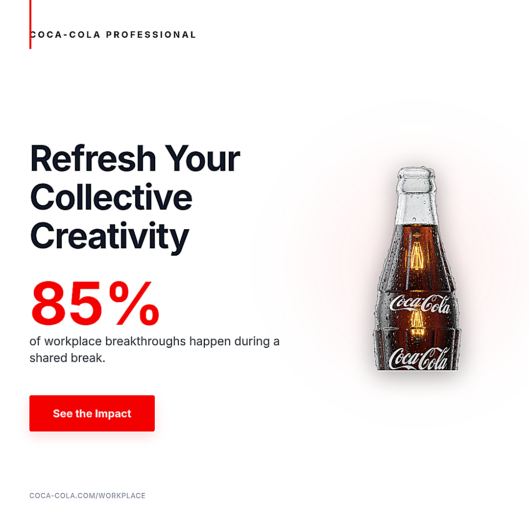 Square 1080 by 1080 pixel Coca-Cola Professional ad banner featuring a glass bottle with a glowing lightbulb filament inside the liquid, bold 85 percent statistic, and red CTA button on a white background