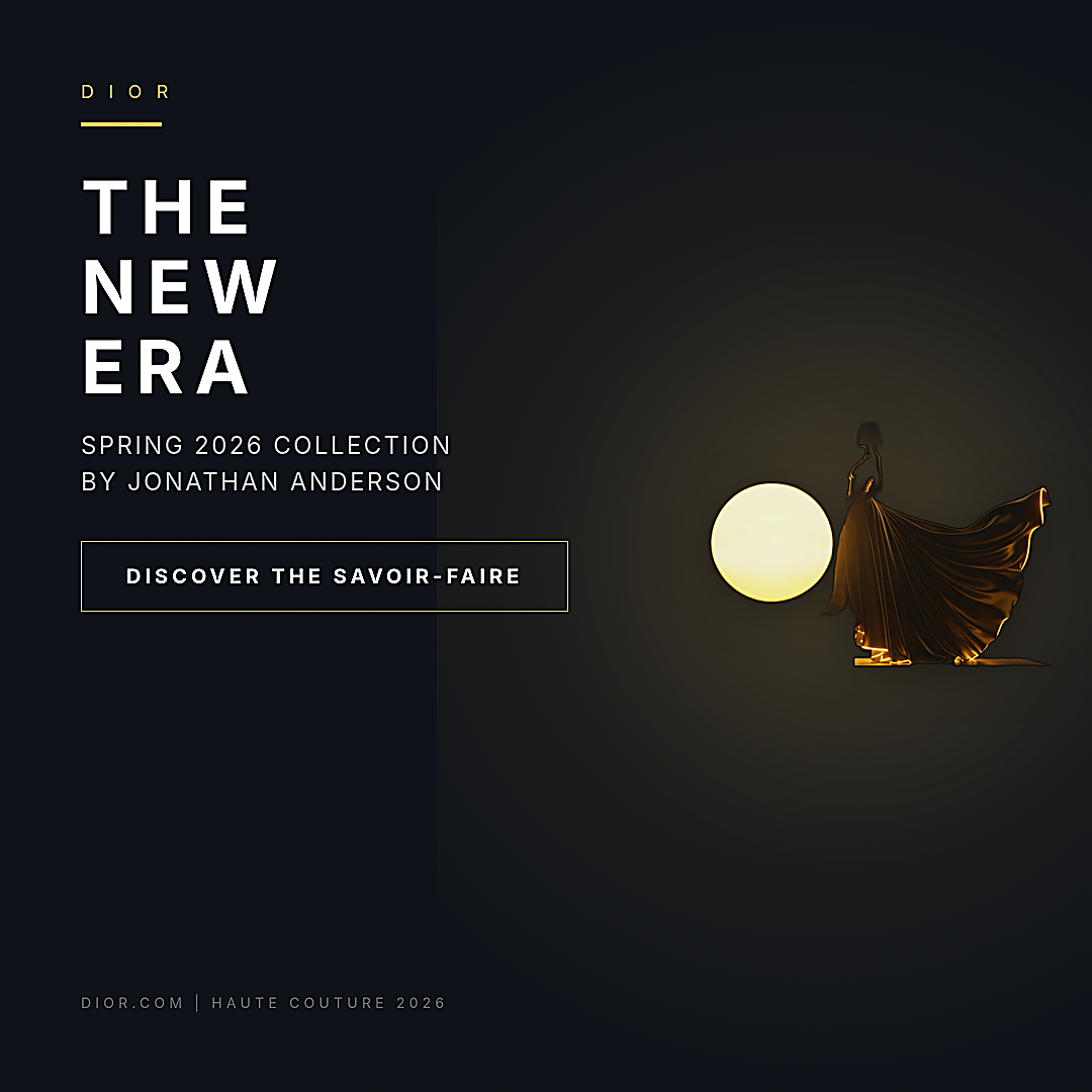 Dark luxury fashion ad featuring the text THE NEW ERA and Dior Spring 2026, with a model in a flowing liquid gold dress silhouetted against a glowing yellow orb on a black background, 1080 by 1080 pixels.