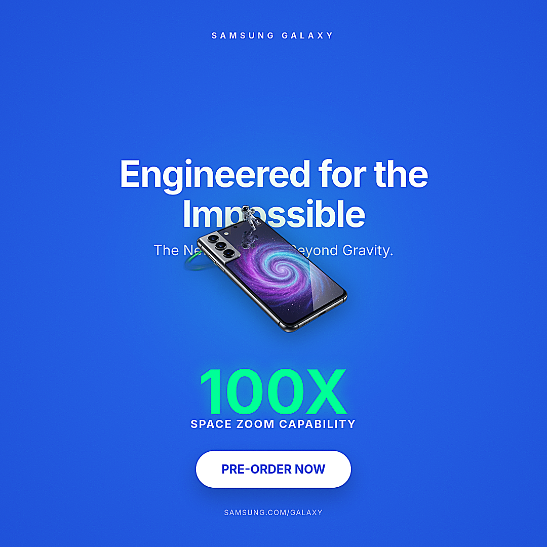 1080 by 1080 pixel square ad creative featuring a 3D floating smartphone with a nebula screen, neon green 100X text, and a white pre-order button on a deep blue background