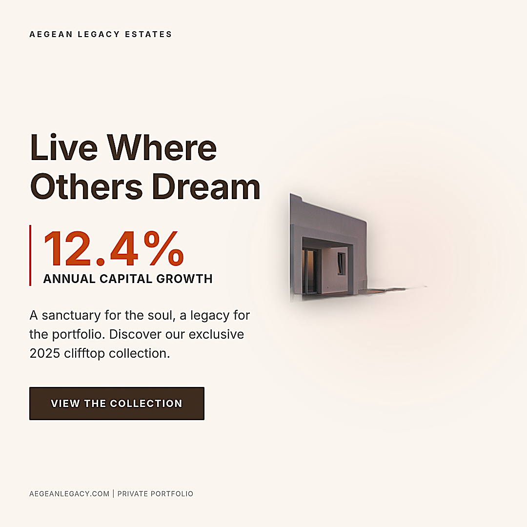 Minimalist 1080 by 1080 pixel luxury real estate investment ad on a cream background, featuring dark charcoal text reading Live Where Others Dream, a large orange 12.4 percent capital growth statistic, and a floating 3D architectural cutout of a modern villa.