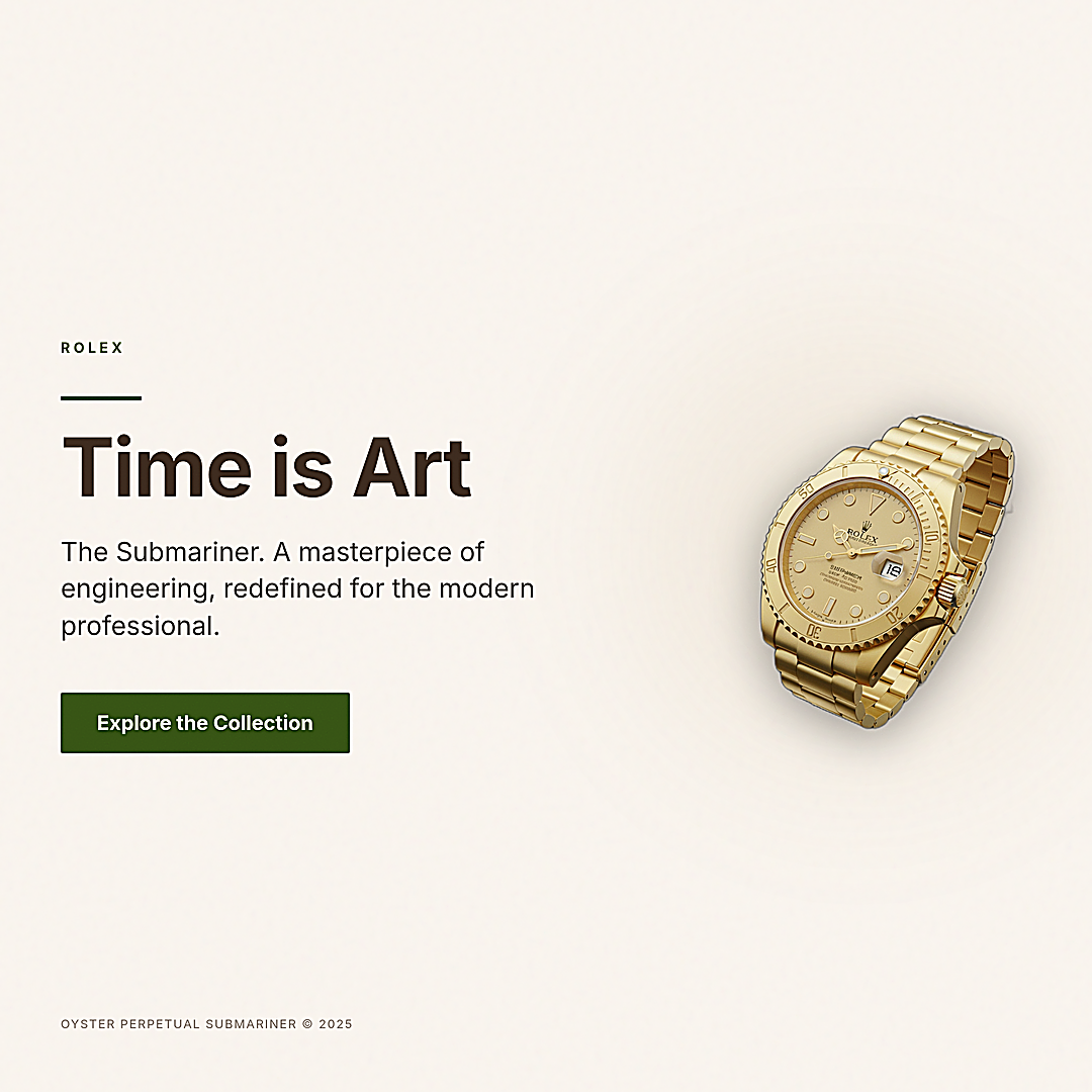 Square 1080 by 1080 pixel social media ad featuring a floating golden Rolex Submariner watch on a cream background with dark brown text reading Time is Art and an olive green Explore the Collection button