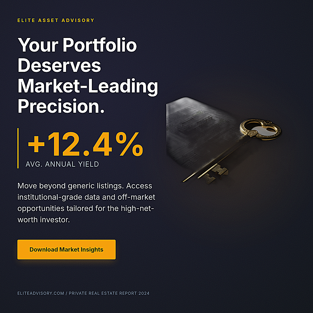 Dark navy 1080 by 1080 pixel LinkedIn ad creative for real estate featuring a golden 12.4 percent yield metric and a 3D golden key on a translucent glass floorplan
