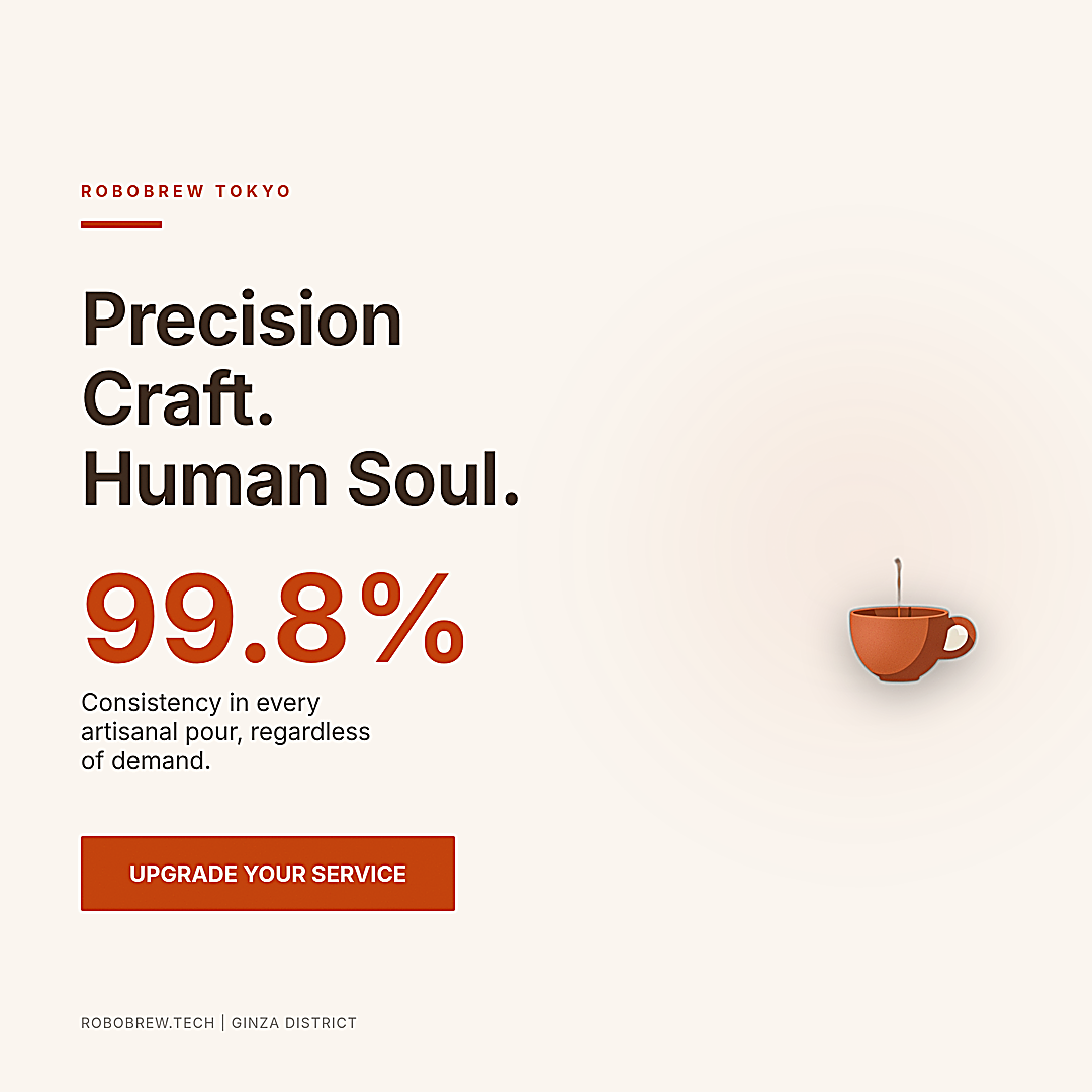Square 1080 by 1080 pixel B2B ad creative featuring a cream background, dark brown text reading Precision Craft Human Soul, a large terracotta 99.8 percent statistic, and a small floating coffee cup.