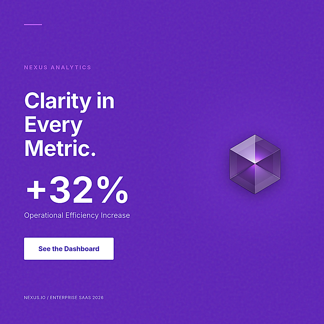 A square 1080 by 1080 pixel digital ad with a textured purple background. Left-aligned white text reads 'NEXUS ANALYTICS', 'Clarity in Every Metric.', a large '+32%', 'Operational Efficiency Increase', and a 'See the Dashboard' button. A translucent 3D purple hexagonal gem floats on the right.