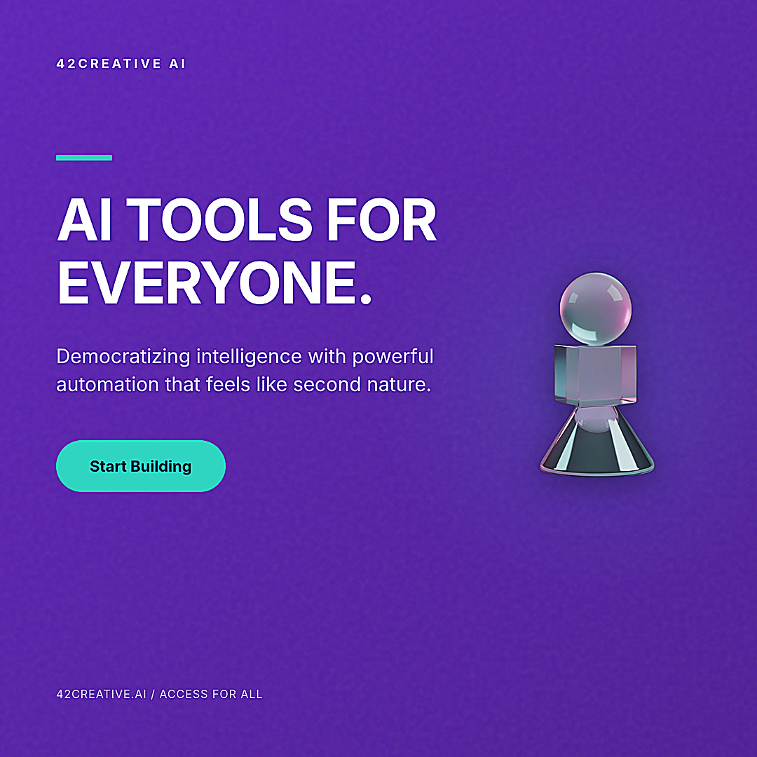 Square 1080 by 1080 pixel tech startup ad creative with a deep purple background, cyan accents, white text reading AI Tools for Everyone, and a 3D transparent glass geometric figure.