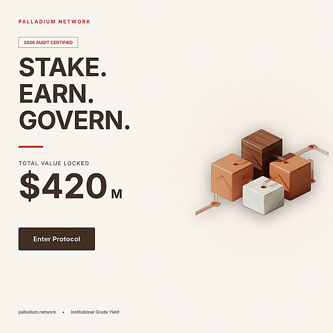 Square 1080 by 1080 pixel ad creative for a DeFi protocol featuring the text Stake Earn Govern and 420 million Total Value Locked, alongside 3D isometric cubes made of wood, marble, and terracotta on a cream background